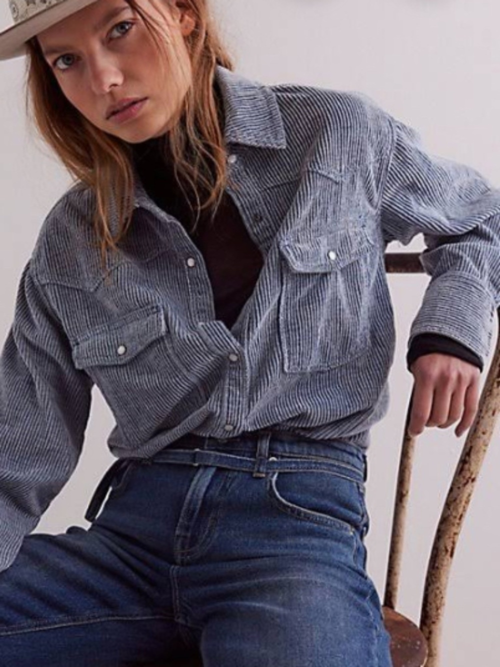 WE THE FREE HIDE AWAY ROSCOE BLUE CORDUROY BUTTON DOWN SHIRT